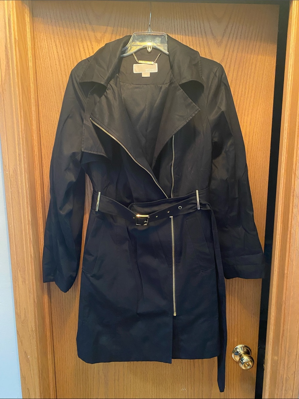 Michael Kors Navy Black Asymmetrical Zip Trench Coat with Belt